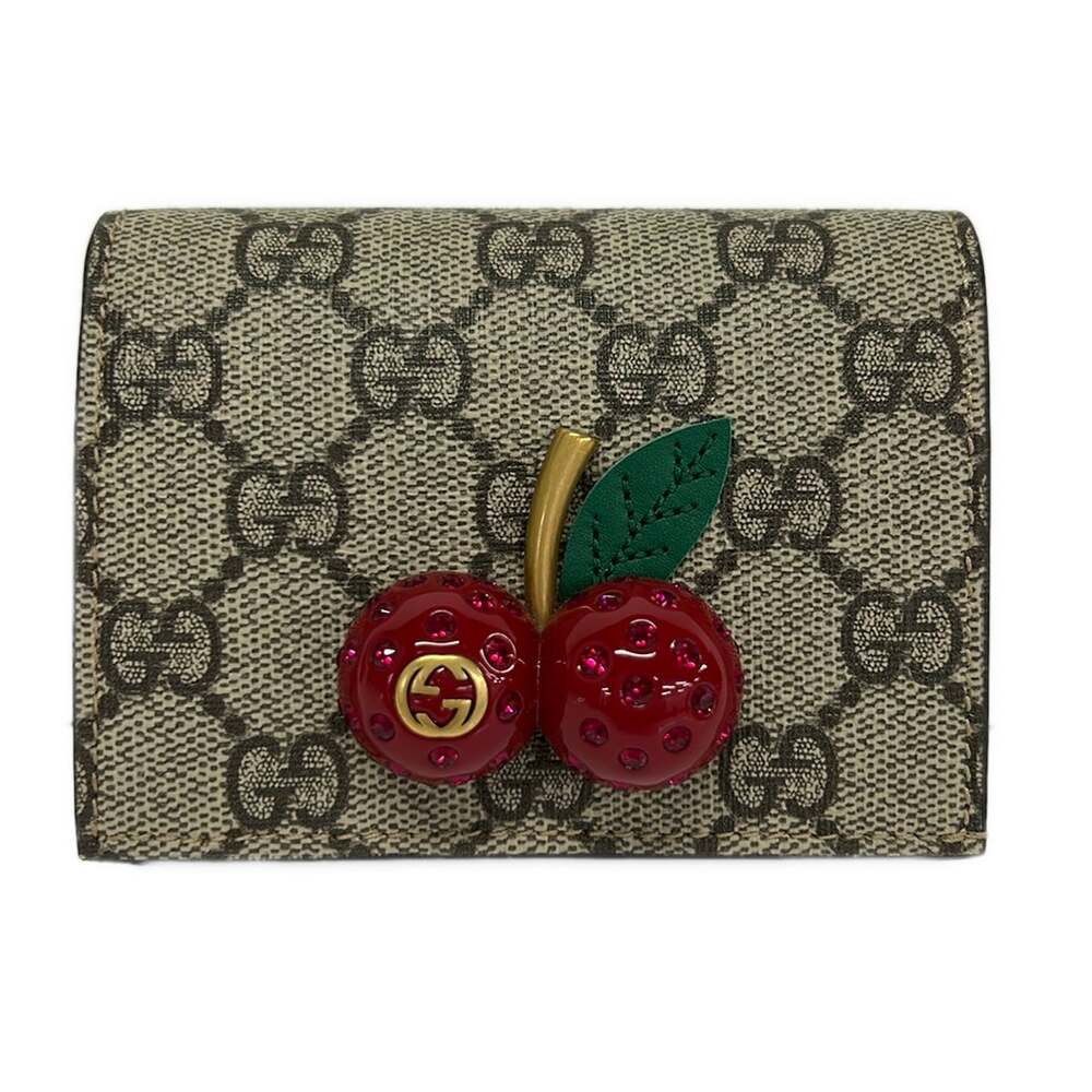 Gucci Cherry Bifold Wallet 476050 Beige Dark Brown Multi PVC Resin Leather